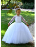 Long Sleeve Beaded White Tulle Flower Girl Dress